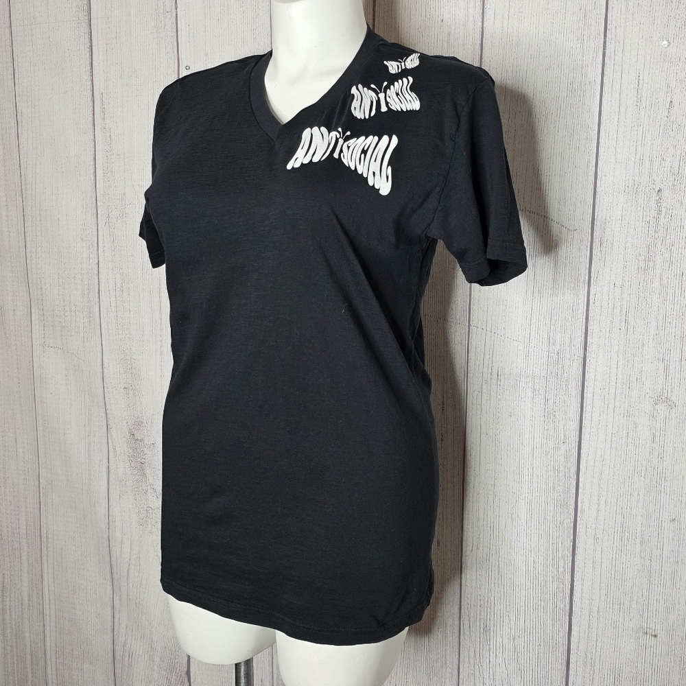 Attic Salt “Antisocial” Butterfly Graphic Tee Black V-Neck, sz Large